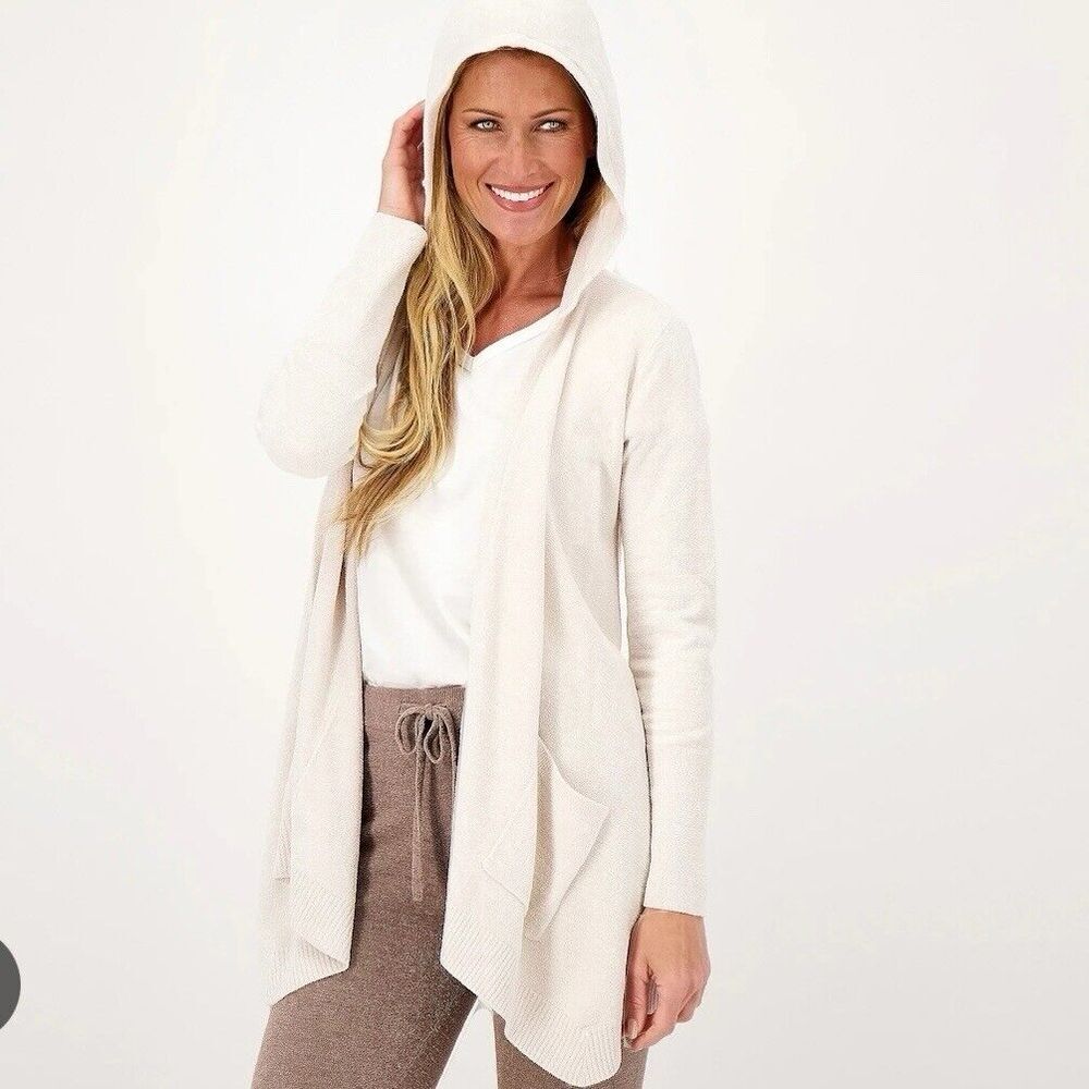 Barefoot Dreams CozyChic UltraLite Hooded Draped Open Cardigan Pockets Size XS